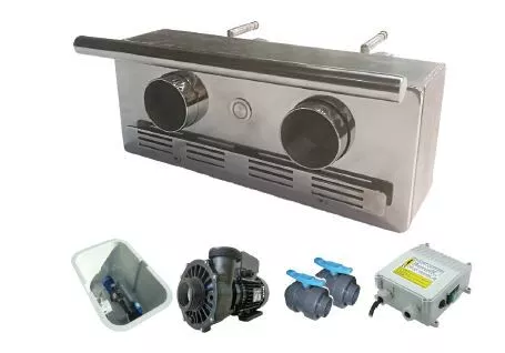 A stainless-steel rectangular pool/spa wall fitting features two circular jet nozzles and a horizontal grab bar, shown alongside a pump, two valves, and a control box on a white background.