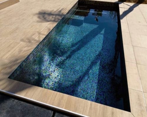 Rectangular tiled plunge pool reflects palm-tree shadows and sunlight, sitting recessed in a light stone patio with stainless edging and surrounding beige paving under a clear daytime sky.