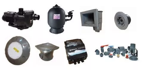 Assortment of swimming pool equipment, pump, cartridge filter, skimmer, underwater light, drains and fittings, arranged side by side on a white background for product display photography. No readable text visible.
