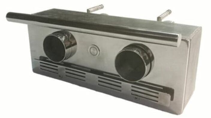 Rectangular stainless-steel box displays two large circular openings, a central button, horizontal bar across front, slotted vent grille below and two threaded studs protruding from top, on white background.