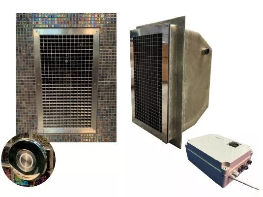Metal ventilation grille with square mesh mounted in a decorative mosaic frame, shown front and side revealing a deep housing, accompanied by a small control box and circular dial.