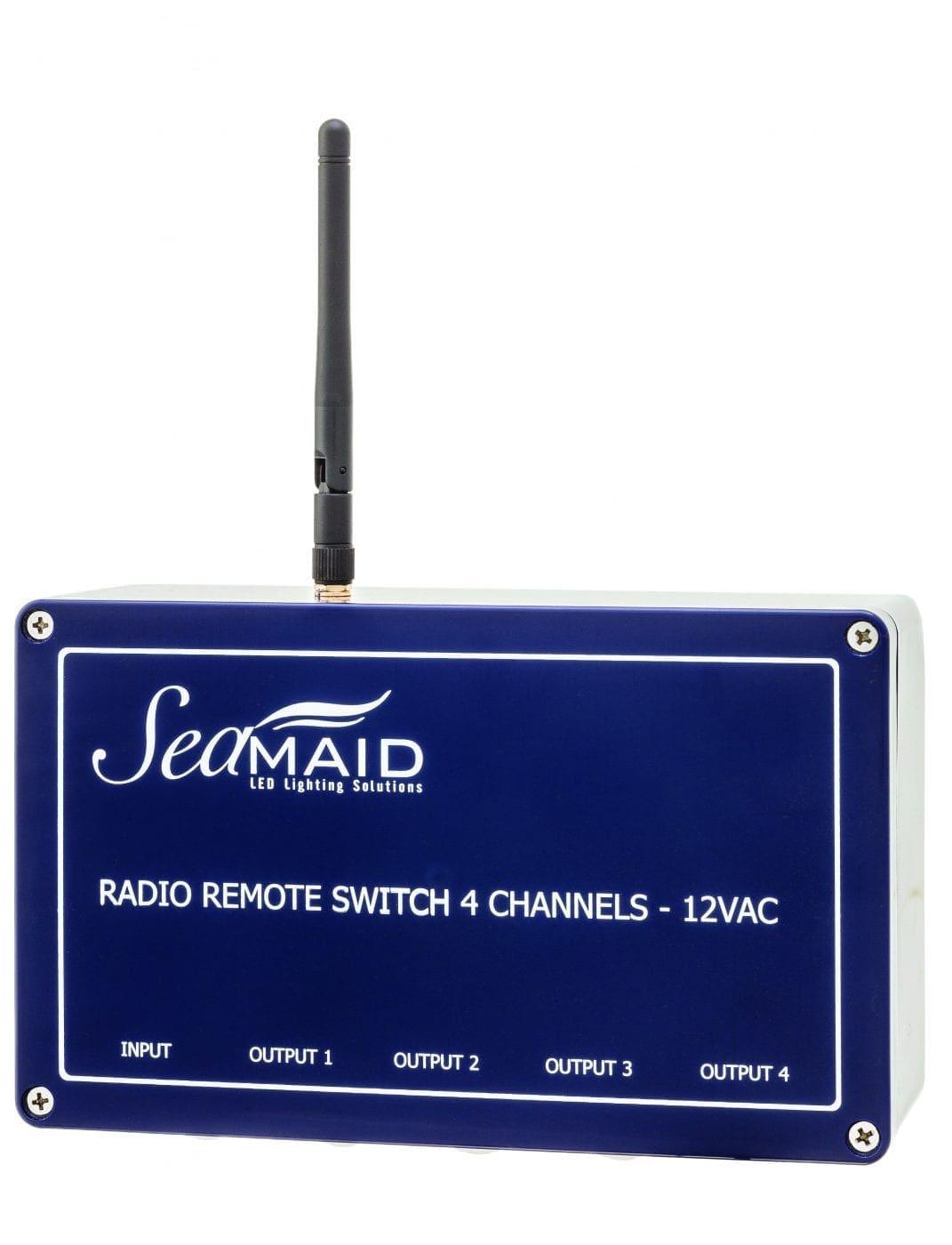 Rectangular SeaMAID radio remote switch box with upright antenna, blue front panel displaying SeaMAID LED Lighting Solutions, RADIO REMOTE SWITCH 4 CHANNELS - 12VAC, INPUT OUTPUT 1 OUTPUT 2 OUTPUT 3 OUTPUT 4, on white background.