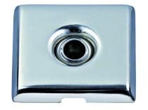 Chrome plated square escutcheon plate with rounded corners and beveled edges featuring a central circular opening, sitting on a white background and reflecting light with subtle surface highlights