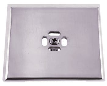 Rectangular chrome metal plate lies flat, featuring a central Phillips head screw and four elongated mounting slots, reflective finish, photographed on a plain white background