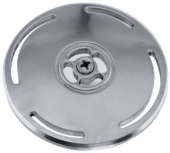 Round stainless-steel drain cover displays central screw and three evenly spaced curved slots, lying flat on a white background as an isolated product photograph.