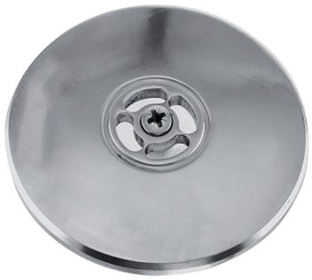Polished circular stainless-steel drain cover sits flat, featuring a central Phillips-head screw and three curved slots around it, photographed on a clean white background with soft studio lighting.