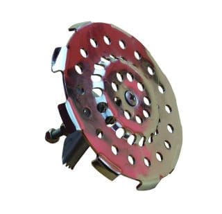 Circular perforated metal disc with concentric holes and bent tabs, mounted around a central bolt, angled as if floating against a plain white background.
