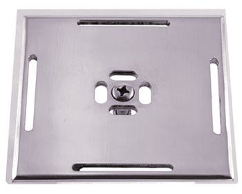 Rectangular stainless steel mounting plate lies flat, featuring two long horizontal slots near edges, two vertical slots flanking a central Phillips screw, photographed on a white background.
