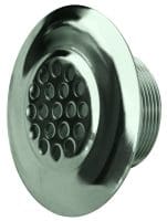 Round chrome-plated drain fitting sits facing the viewer; threaded cylindrical rim surrounds a central cluster of circular perforations; isolated on a white background.