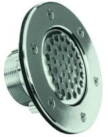Stainless-steel circular pool return jet; perforated faceplate with multiple holes and six countersunk screw heads, threaded cylindrical housing visible; isolated on white background, shown at a slight angle.