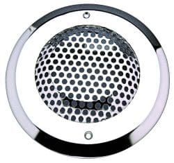 Round chrome-trimmed speaker with perforated metal grille and three mounting holes, sitting flush against a plain white background.