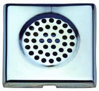 Square stainless steel floor drain cover features a central circular perforated grate, photographed clean and flush against a white background.