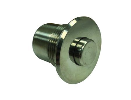 Polished cylindrical metal push-button fastener sits angled, exposing threaded shaft and wide flange, photographed against a plain white background.