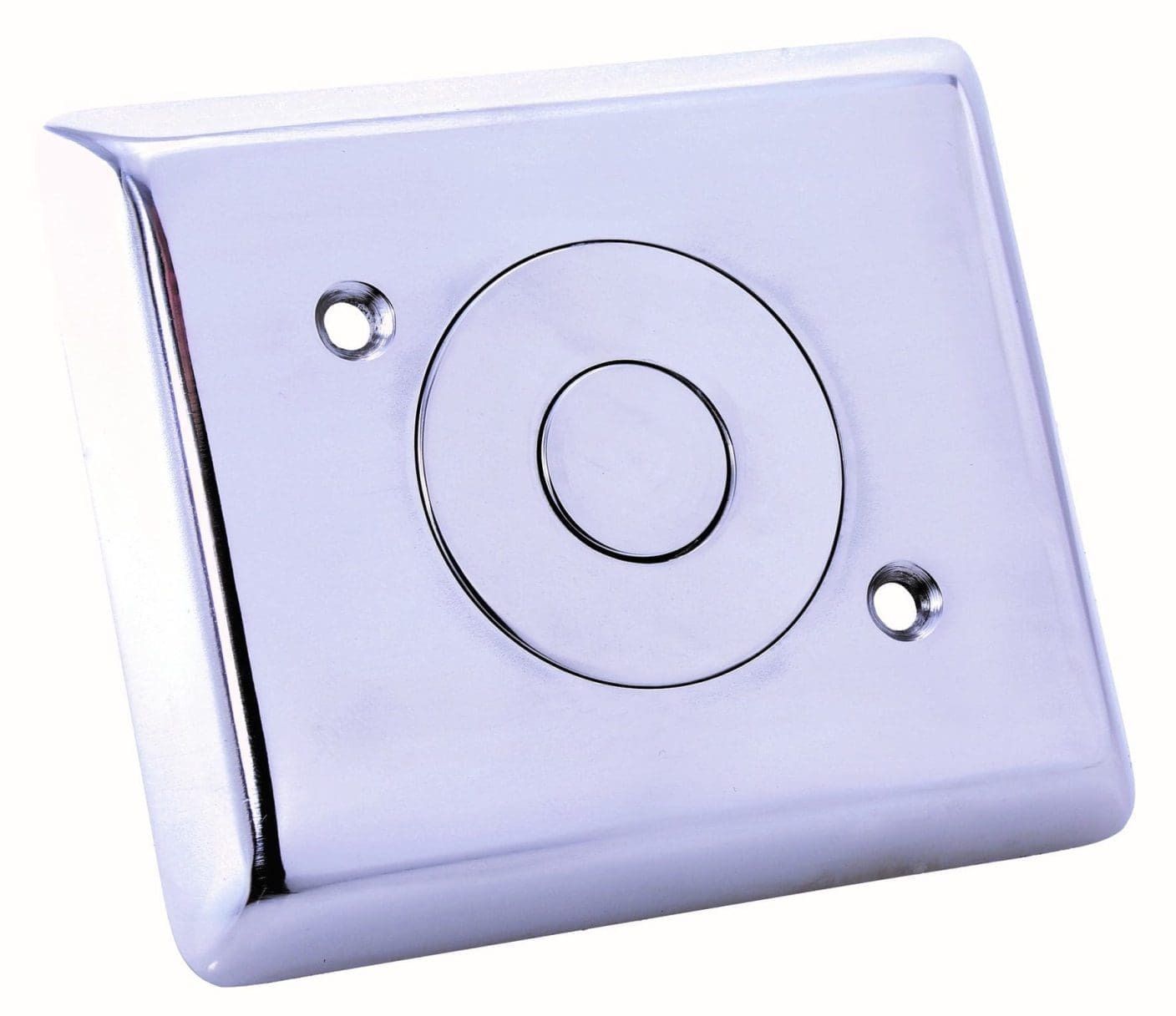 Rectangular chrome wall plate with a recessed central circular push button, two mounting screw holes flanking the button, photographed isolated against a white background.