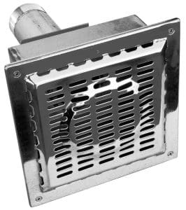 Square chrome vent or floor drain cover attached to a short cylindrical duct, slotted rectangular grille framed by four screw holes, reflective metal finish, designed for ventilation or drainage.