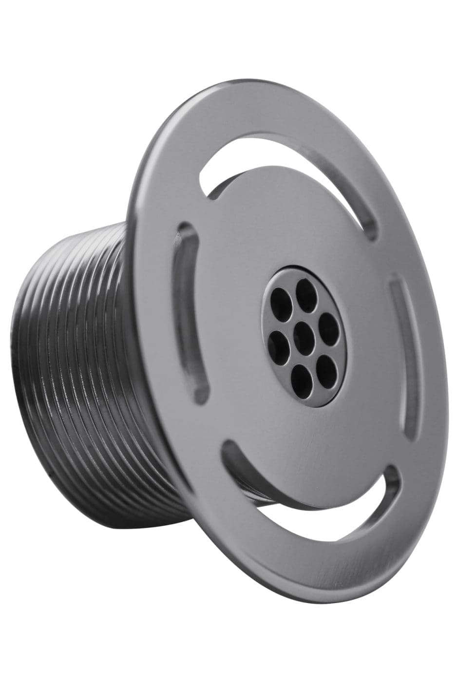 Chrome sink drain strainer sits angled, showing threaded cylindrical body and perforated central plate with seven holes, photographed close-up against a plain white background.