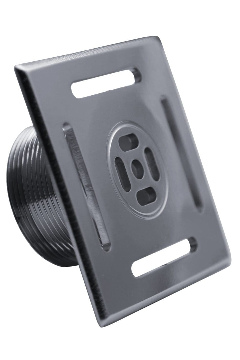 Chrome square floor drain cover tilted to show its threaded cylindrical body, featuring elongated mounting slots and a circular perforated center; polished metal finish against a plain white background.