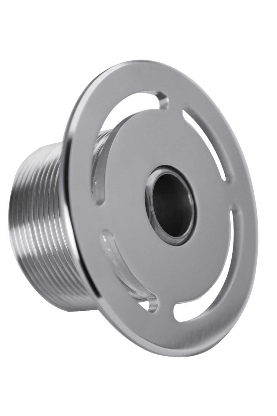 Chrome circular threaded plumbing flange presented at an angle, showing a central bore and three elongated slots around the face, reflective metal finish against a plain white background.