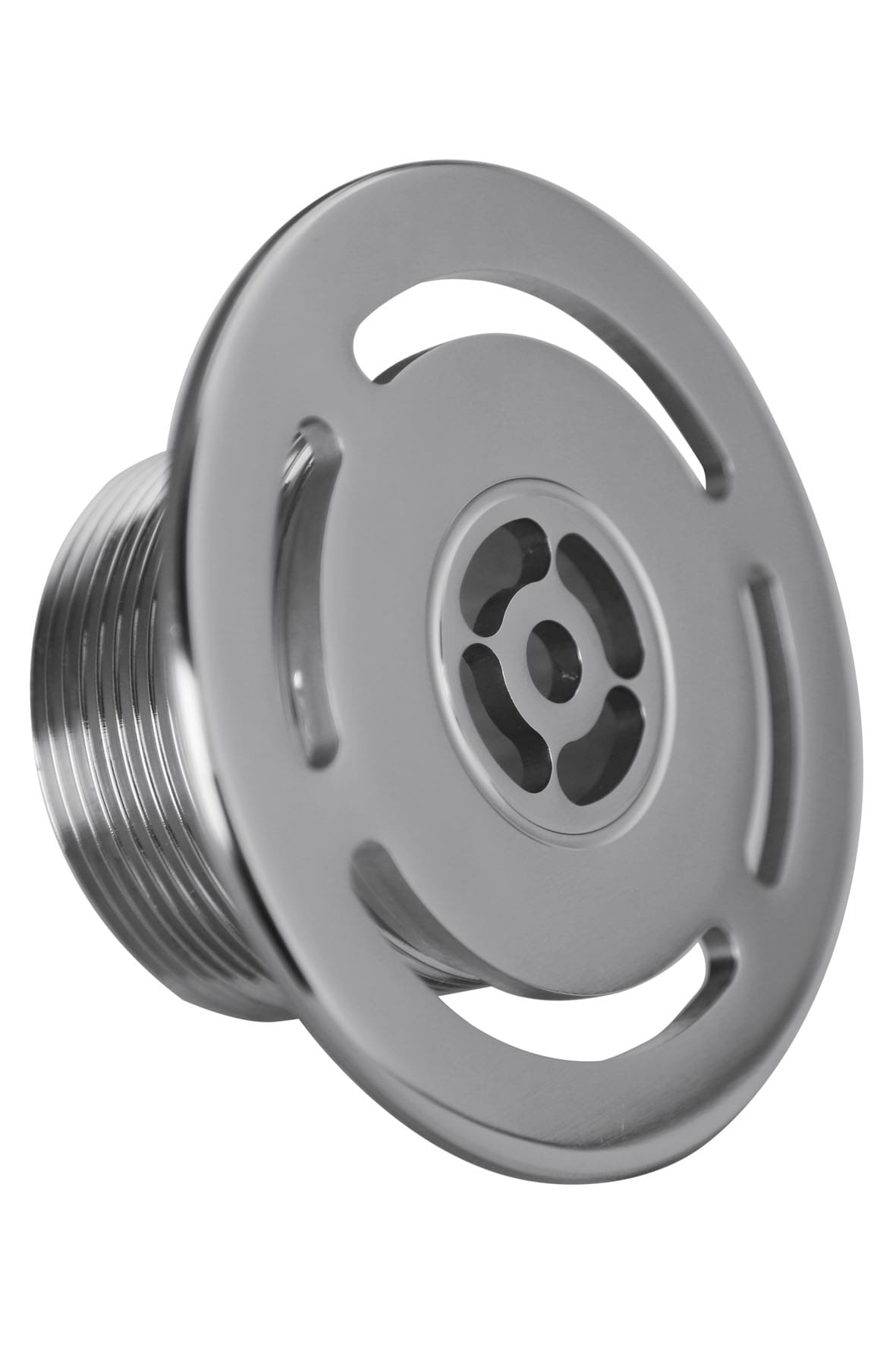 A circular stainless steel drain cover with a threaded cylindrical body is shown angled toward the viewer, featuring four elongated slots and a central decorative grate against a plain white background.