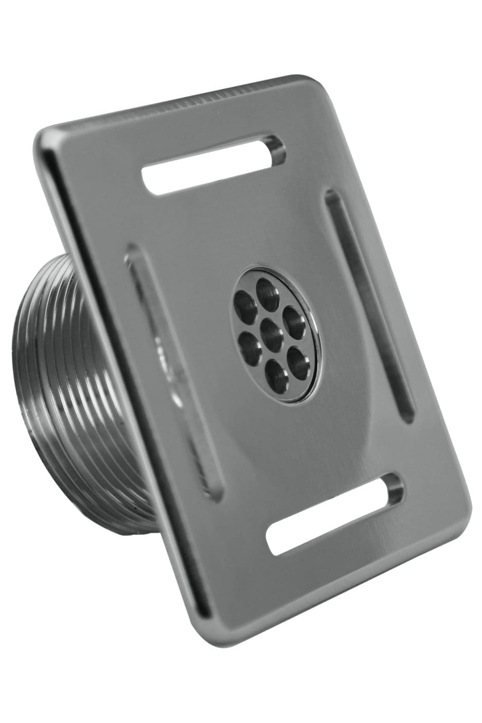 Rectangular stainless steel drain cover sits angled, revealing threaded coupling and circular perforated strainer, photographed against a plain white background.