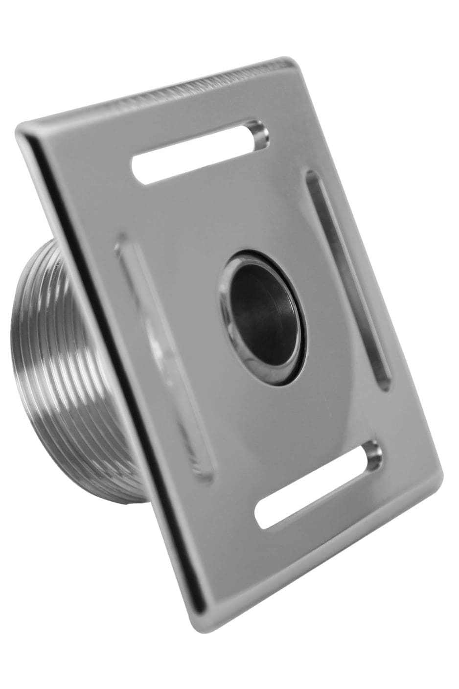 Square chrome drain cover with central circular opening, two elongated slots and threaded cylindrical rear, tilted on a plain white background.