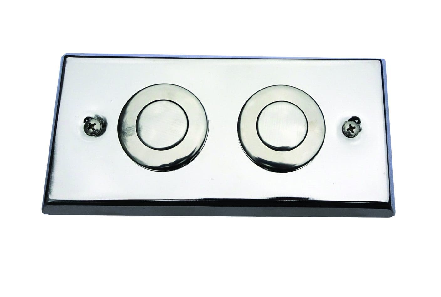 Rectangular chrome dual-flush toilet plate features two circular push buttons and two screw heads, reflects light and sits mounted against a plain white background.