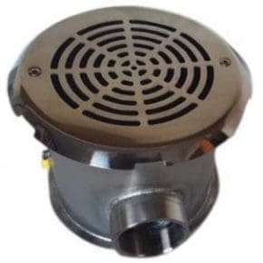 Round metal floor drain cover sits atop a short cylindrical drain body, showing concentric slot pattern; a threaded side outlet protrudes for pipe connection; photographed against white background.
