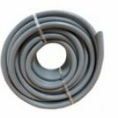 A gray hollow foam tube coiled into a tight spiral, secured by two rubber bands and resting on a plain white background.