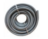 A gray hollow foam tube coiled into a tight spiral, secured by two rubber bands and resting on a plain white background.