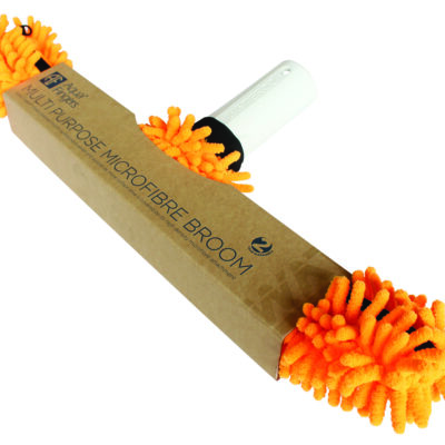 Orange chenille microfibre broom head attached to a short white handle rests on brown cardboard packaging against a white background. Text on packaging: "Aqua Fingers" "MULTIPURPOSE MICROFIBRE BROOM" "2 YEAR WARRANTY"