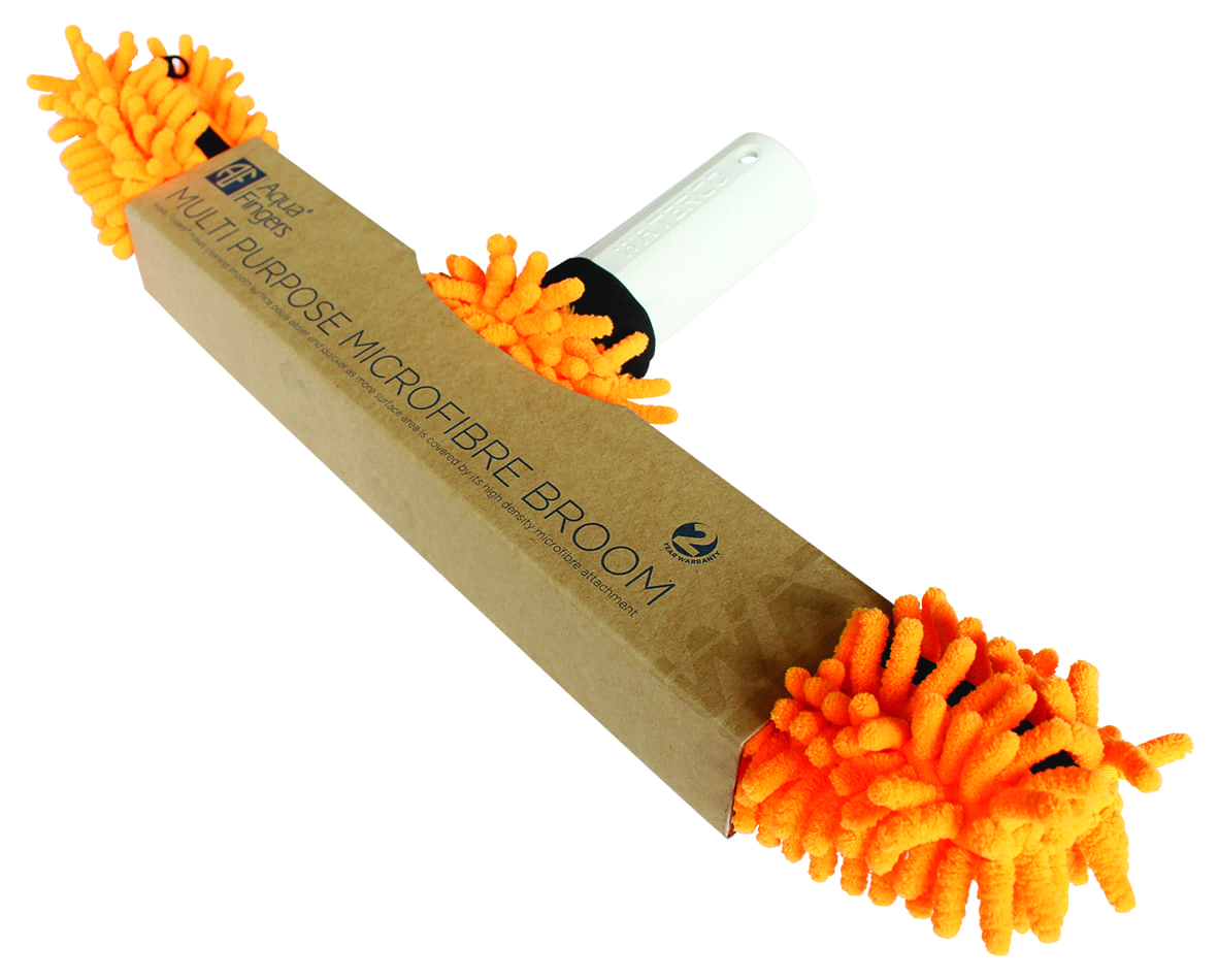 Orange chenille microfibre broom head attached to a short white handle rests on brown cardboard packaging against a white background. Text on packaging: "Aqua Fingers" "MULTIPURPOSE MICROFIBRE BROOM" "2 YEAR WARRANTY"