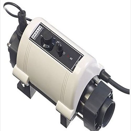 White cylindrical water heater with black inlet/outlet and control panel mounted on plastic feet, showing two adjustment knobs, cable connection and small unreadable text, photographed against a white background.