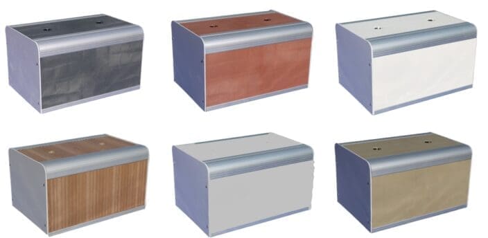 Six rectangular metal enclosures with rounded top trim are displayed in two rows, each showing different front-panel finishes (black, brown, white, wood grain, light gray, tan) on a white background.