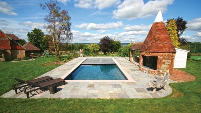 swimming pool cover half opened