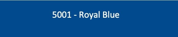 Rectangular royal blue swatch displays centered white text 5001 - Royal Blue indicating the color sample; a narrow lighter-blue strip runs along the top edge.