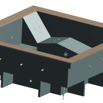 A rectangular recessed spa shell displays angled seating and multiple jet fittings, topped by brown tile coping, supported by metal leveling legs and a dark interior on a white background.