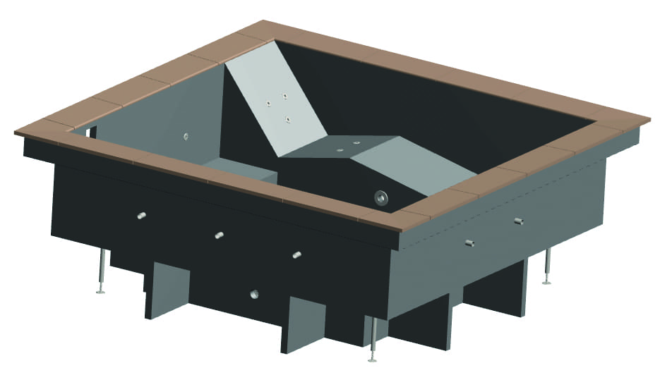 A rectangular recessed spa shell displays angled seating and multiple jet fittings, topped by brown tile coping, supported by metal leveling legs and a dark interior on a white background.
