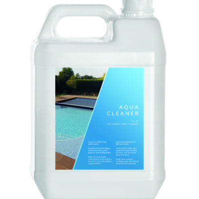 A white plastic jug with a carry-handle displays a blue label showing a swimming pool; it sits on a white background; label text reads "AQUA CLEANER" (other small text illegible).