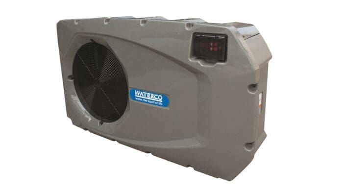 A gray pool heat pump displays a fan left and control panel top-right against a white background; logo reads WATERCO and water, the liquid of life.
