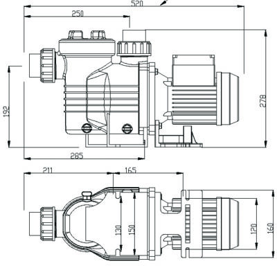 Centrifugal pump assembly drawn in side and top orthographic views showing pump body connected to an electric motor, fixed on a base in a technical drawing with dimensions 520 250 285 192 278 211 165 130 150 120 160