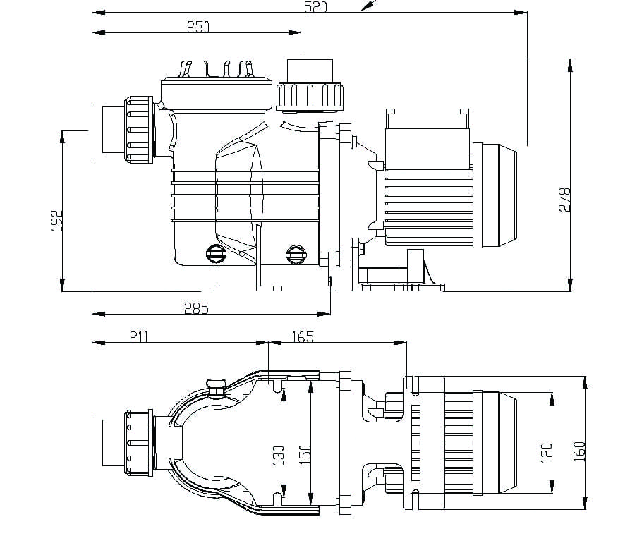 Centrifugal pump assembly drawn in side and top orthographic views showing pump body connected to an electric motor, fixed on a base in a technical drawing with dimensions 520 250 285 192 278 211 165 130 150 120 160
