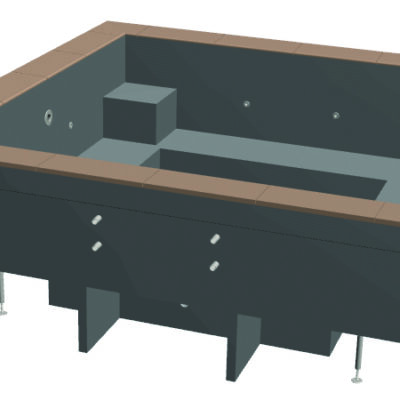 Square spa shell sits empty, jets and stepped seating visible, brown tiled rim and gray molded interior, metal support legs extend beneath against a plain white background.