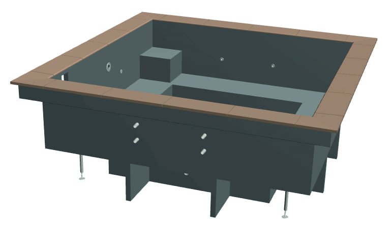 Square spa shell sits empty, jets and stepped seating visible, brown tiled rim and gray molded interior, metal support legs extend beneath against a plain white background.