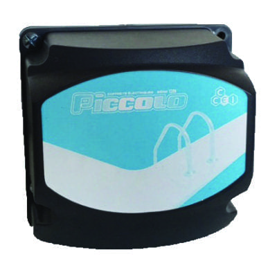 Small black plastic control box with a blue-and-white wavy front label rests on a white background; front displays the text "Piccolo" and a circular "CE" mark.