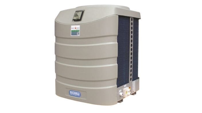 Beige water-cooled heat pump unit stands upright, exposing dark mesh fins and plumbing connections against a plain white background. Text on unit: WATERCO water, the liquid of life