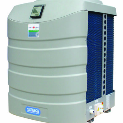 A gray, ribbed Waterco pool heat pump stands on a white background, blue mesh side grille and top control display visible; text: "ElectroHeat ECO-V Inverter Heat Pump" and "WATERCO water, the liquid of life".