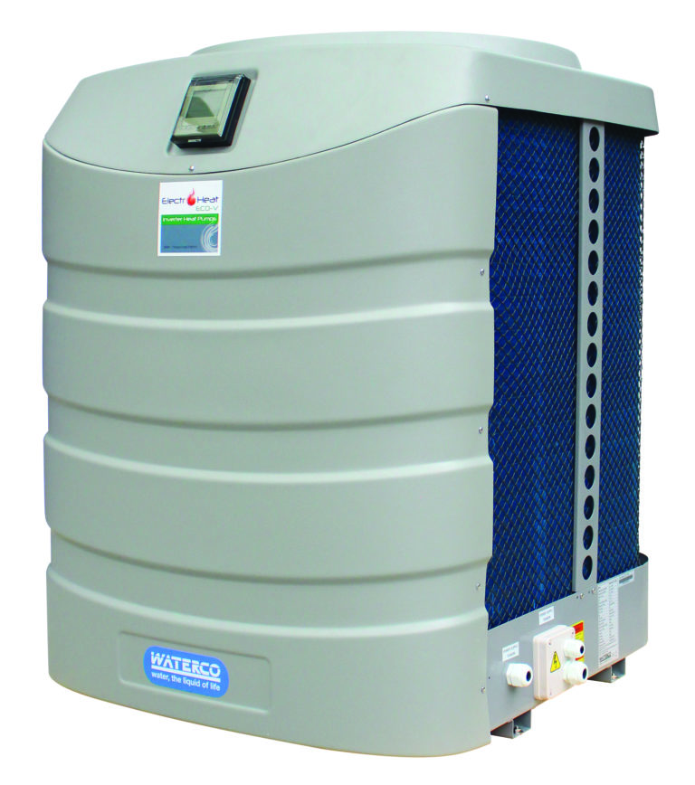 A gray, ribbed Waterco pool heat pump stands on a white background, blue mesh side grille and top control display visible; text: "ElectroHeat ECO-V Inverter Heat Pump" and "WATERCO water, the liquid of life".