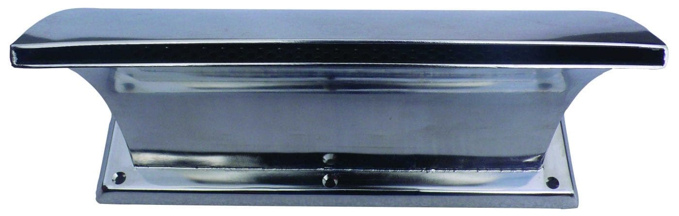 Polished stainless-steel dock cleat sits bolted to a rectangular base, featuring a curved horn top and tapered sides, photographed against a plain white background.