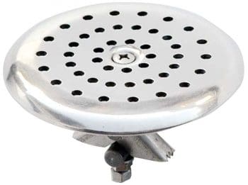 Round chrome-plated metal drain cover with concentric perforations and central screw, clamped to an angled mounting bracket, photographed against a plain white background.