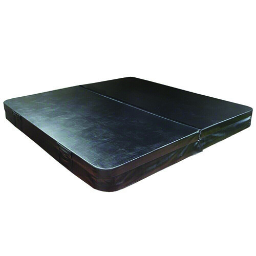 Black vinyl folding gym mat lies flat with a central seam and a folded edge, glossy surface reflecting light, shown isolated on a plain white background